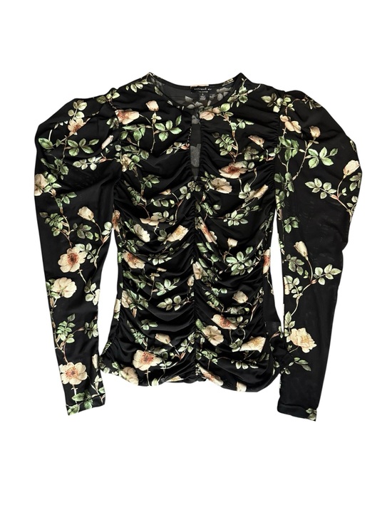 Anthropologie Tops - Black Floral Ruched Mesh Top Keyhole Puff Sleeve Romantic Cottagecore Feminine